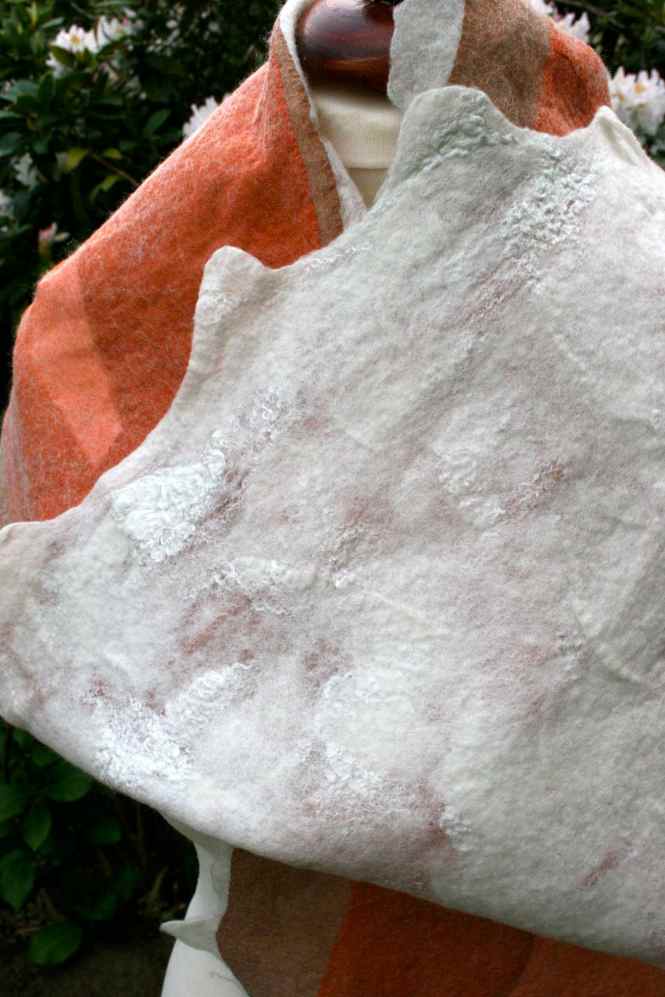 another detail white wool, red and brown silk, white silk