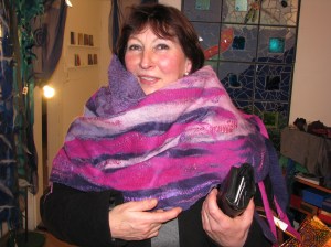 customer with her new purple scarf