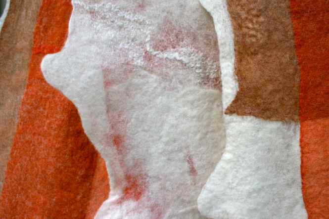 detail white wool, red and brown silk, white silk