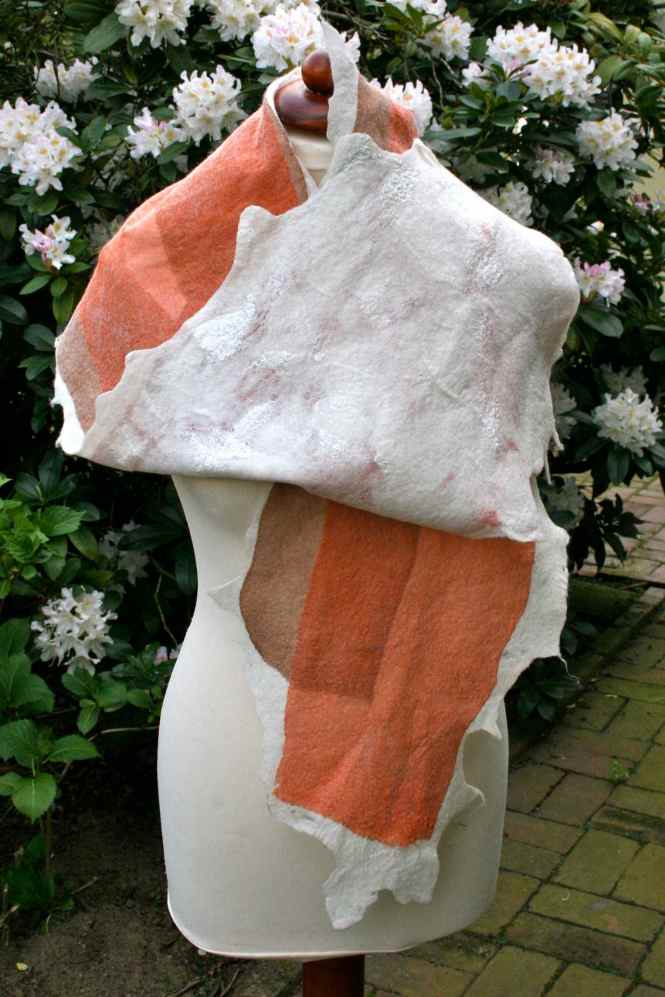 white wool, red and brown silk, white silk